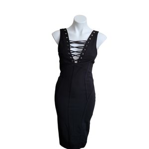 Fashion Nova Spitfire Black Dress Sleeveless  M Lace Up Front Mid Back Zip NWT